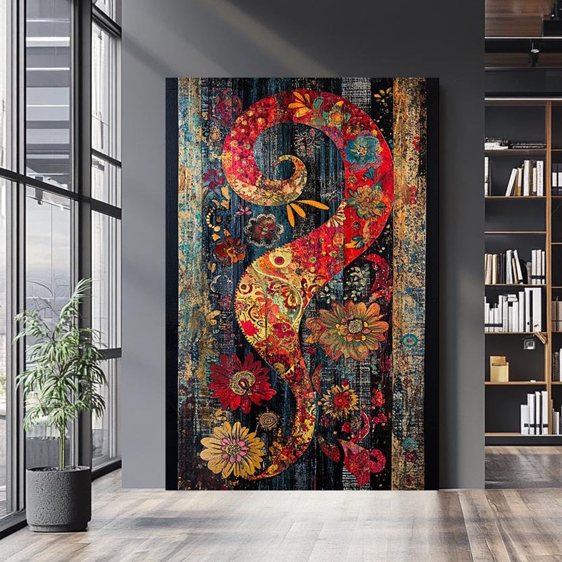 Maximalist Floral Swirl Paisley Red Gold Navy Bohemian Wall Art