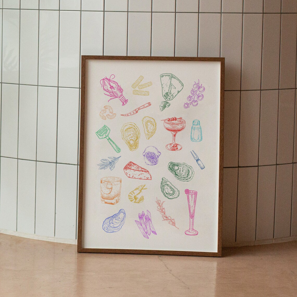 Colorful Seafood Charcuterie Sketch Kitchen Foodie Art Poster