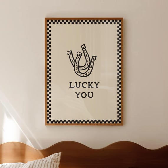 Lucky You Checker Print Neutral Western Horseshoe Art Hand Drawn Illustration