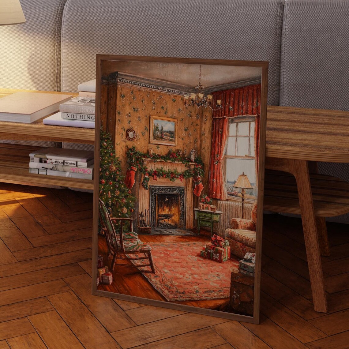 Victorian Christmas Parlor Fireplace Vintage Style Scene Poster