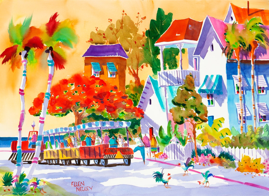 Key West Conch Train with Roosters on a Tropical Street Corner Poster