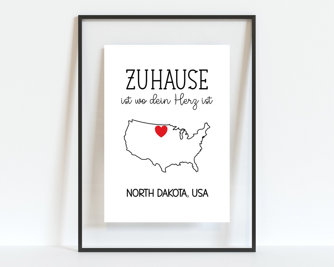 Zuhause Ist Wo Dein Herz Ist North Dakota USA Map Heart Print