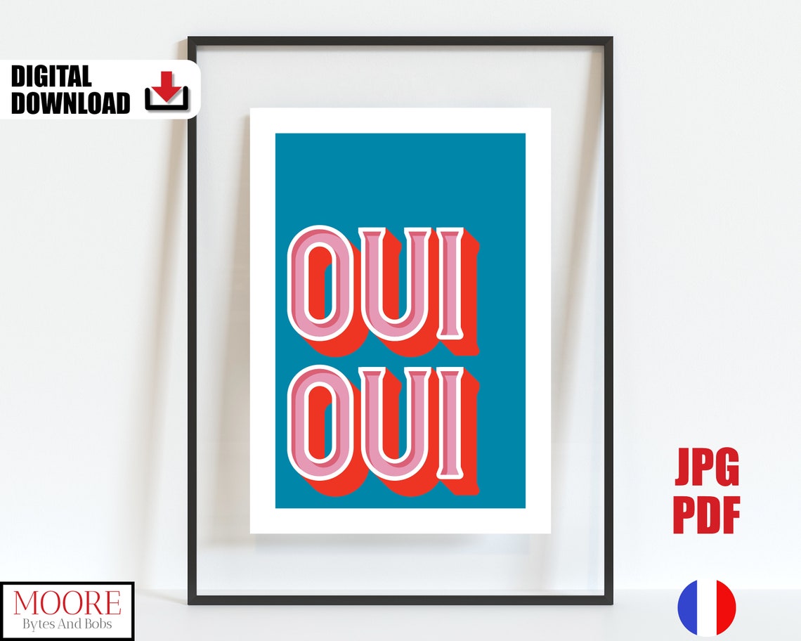 Oui Oui Poster Teal Pink Wall Art For Bathroom Funny Toilet Print Powder Room Door Sign French Saying