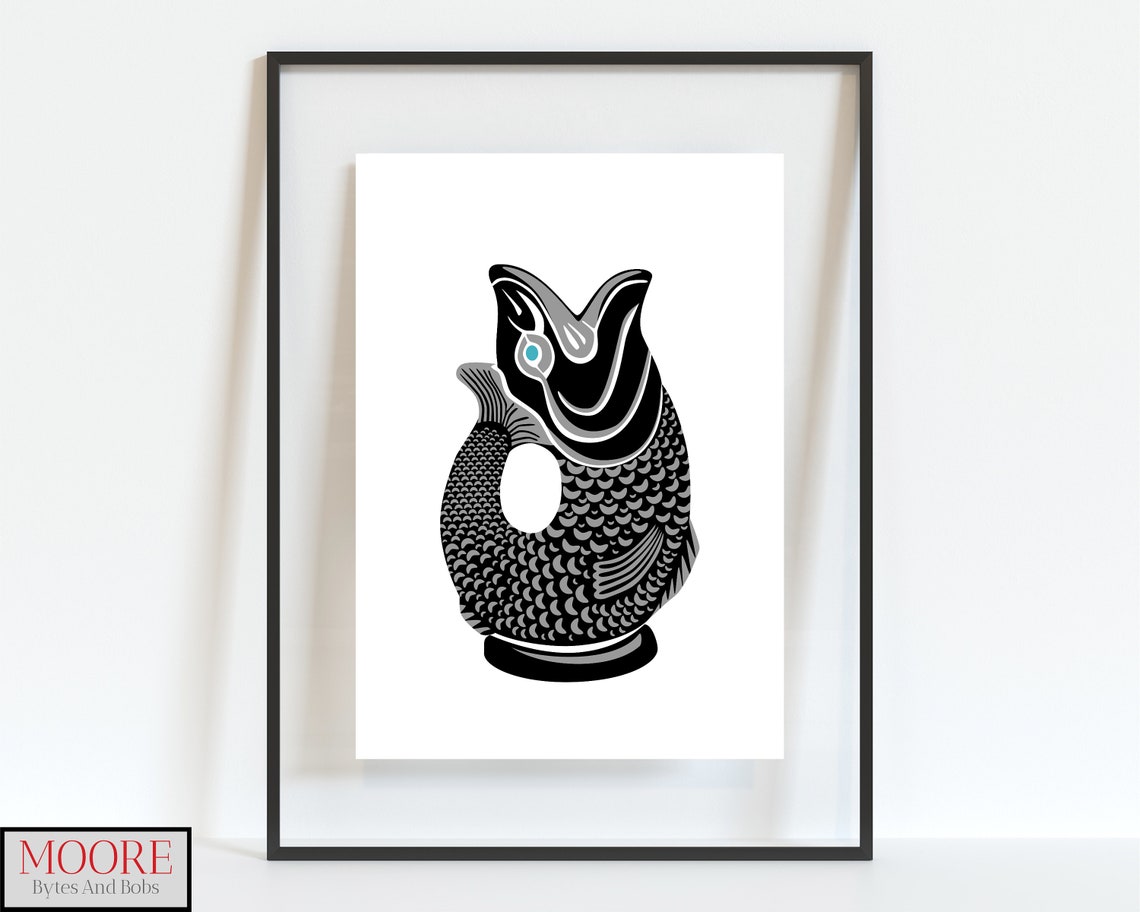Black Gluggle Jug Kitsch Fish Pitcher Retro Bar Decor Poster