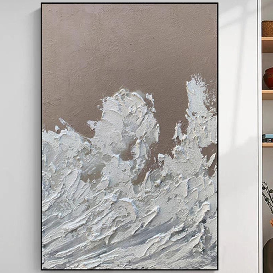 Abstract Crashing White Impasto Waves Foam on Taupe Canvas Poster