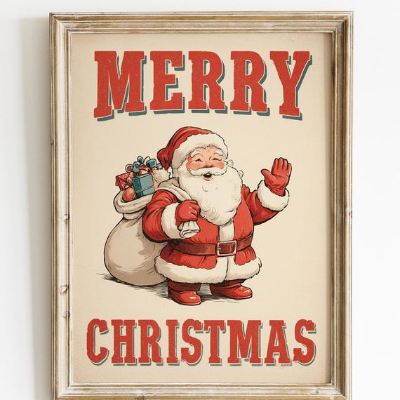 Vintage Santa Merry Christmas Print Retro Holiday Wall Art Festive Classic Illustration Oldfashioned Claus Poster
