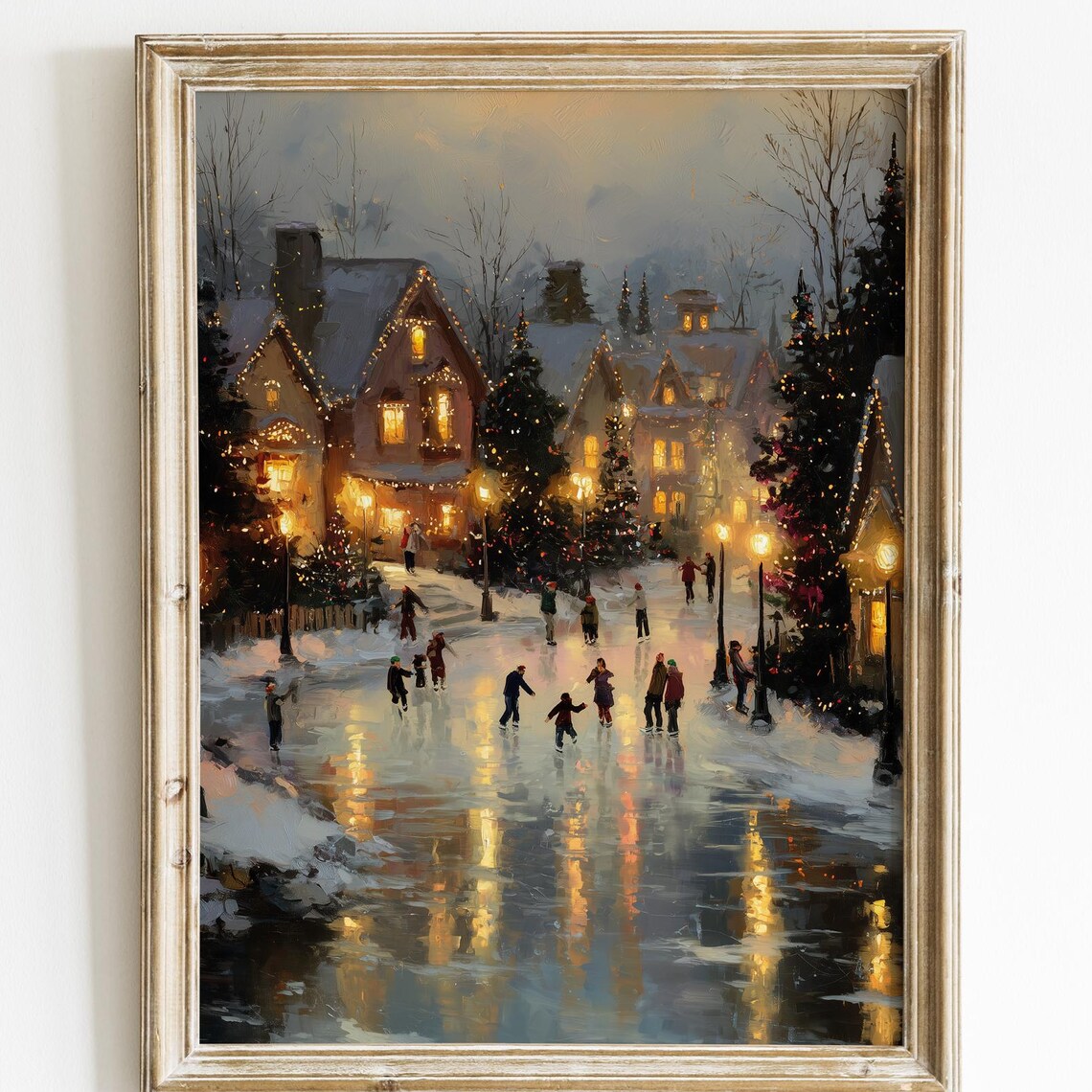 Christmas Village Ice Skating Night Festive Town Lights Art Poster