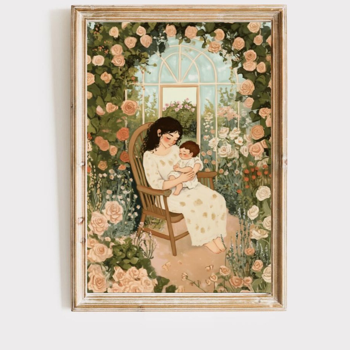 Mother and Baby in Rose Garden Greenhouse Nursery Art Poster