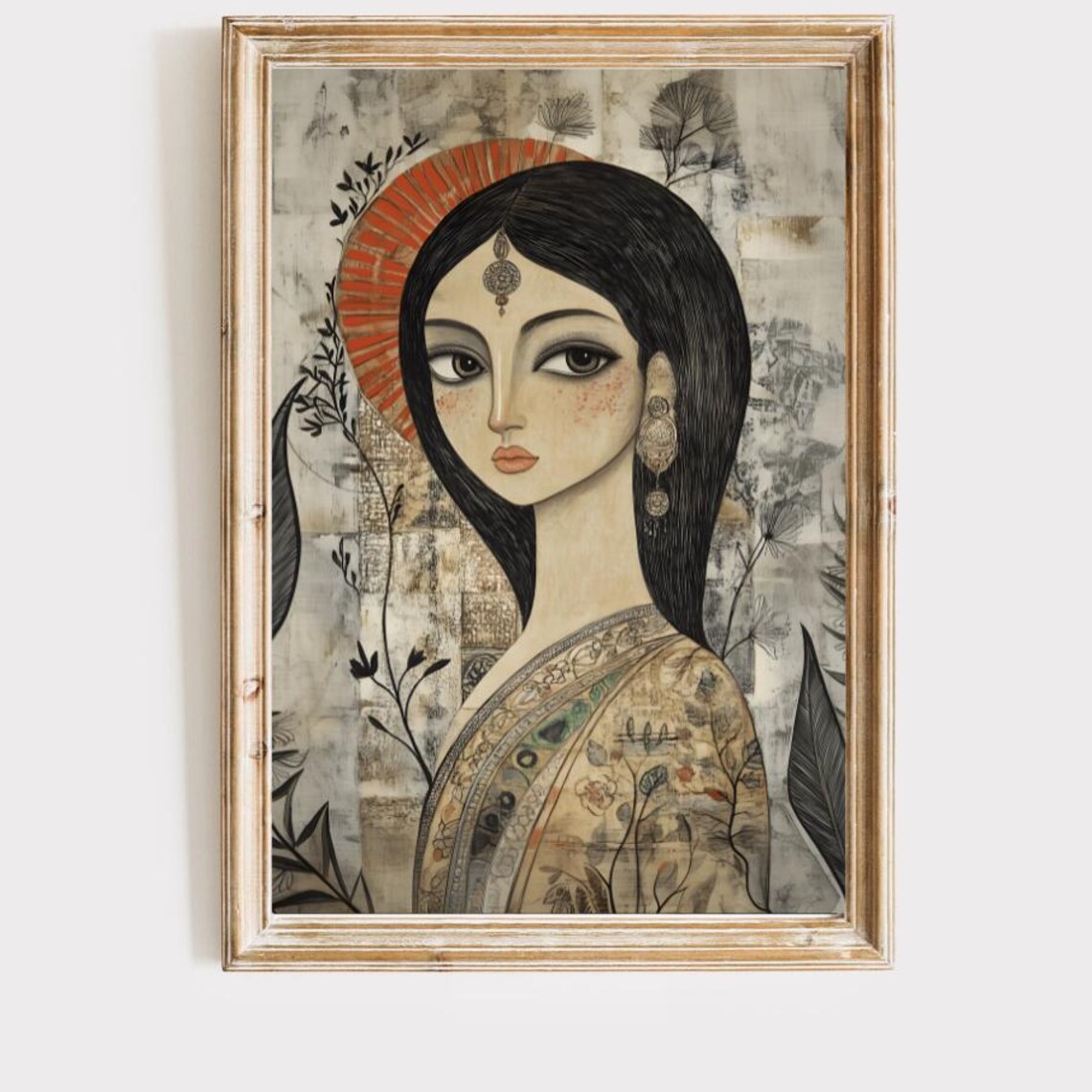 Elegant Indian Woman Portrait in Sari Traditional Folk Art Poster