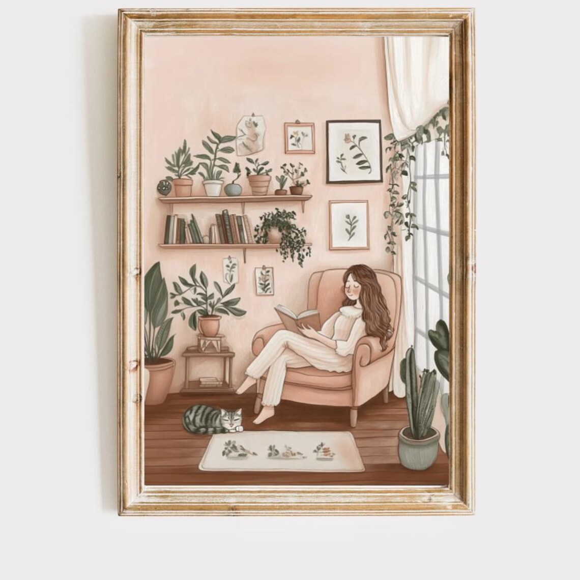 Cozy Woman Reading in Armchair Among Plants Book Nook Art Poster