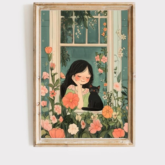 Coquette Girl With Black Cat in Blooming Window Folk Art Poster