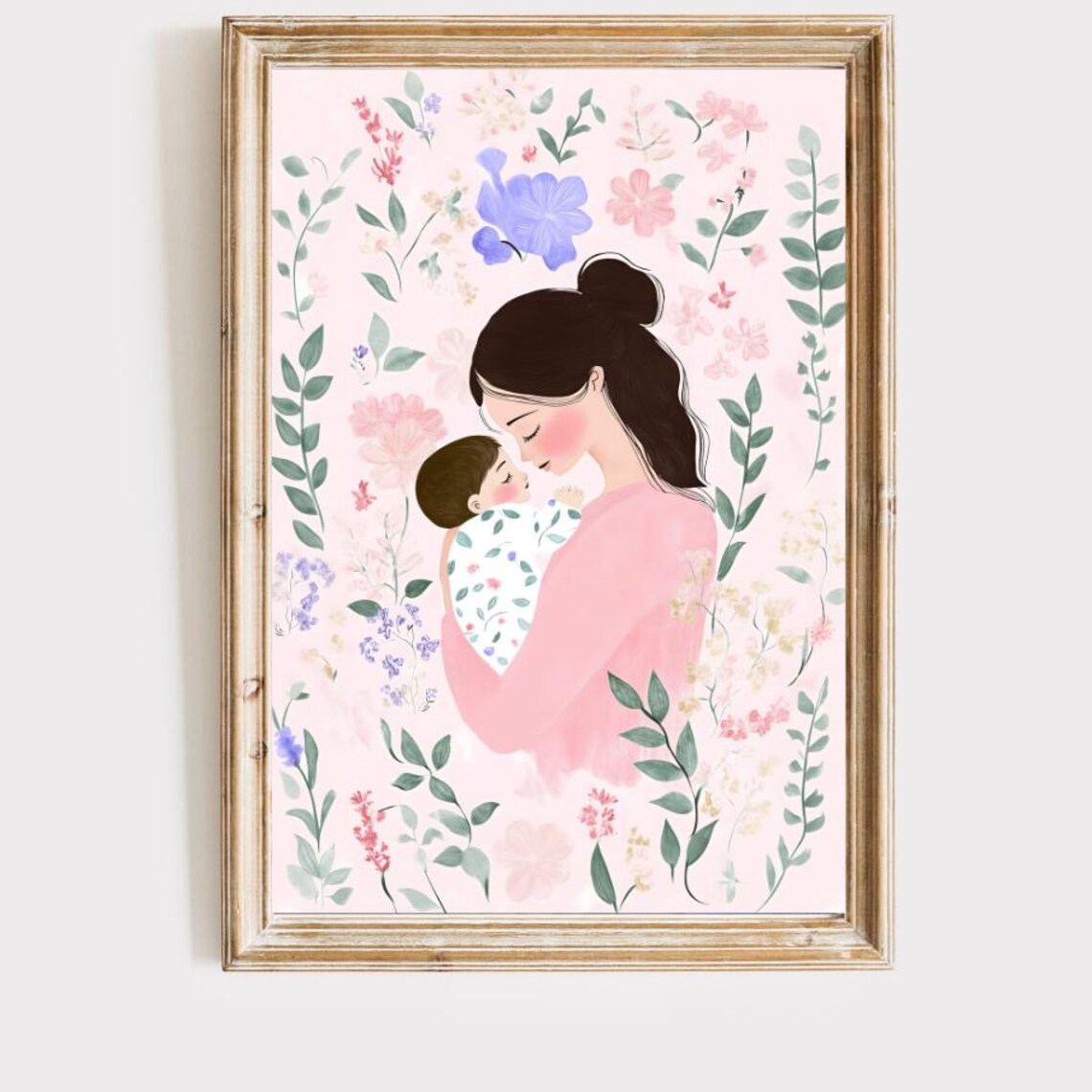 Sweet Mother Kissing Baby Among Wildflowers Pink Floral Art Poster