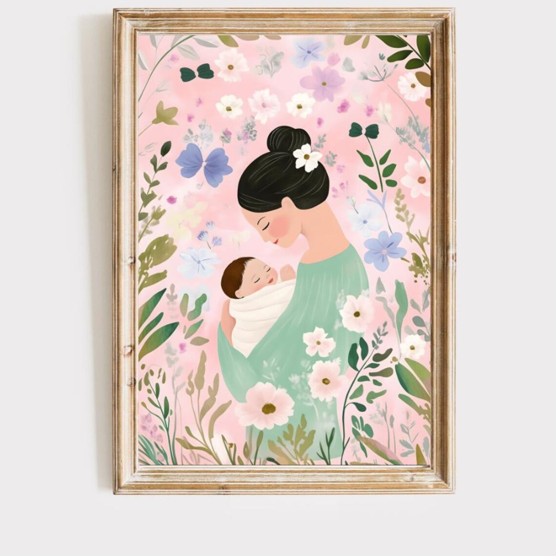 Tender Mother Kissing Newborn Amid Pastel Floral Nursery Art Poster