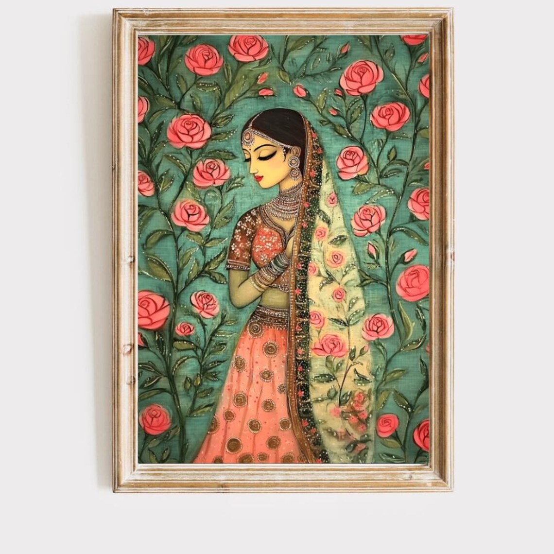 Elegant Indian Bride in Red Lehenga Among Pink Roses Folk Art Poster