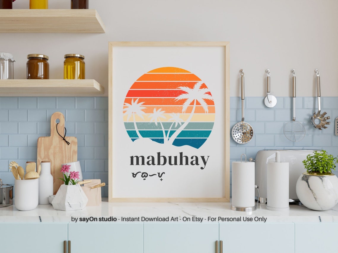 Filipino Mabuhay Greeting Retro Sunset Palms Tropical Culture Poster - Image 3