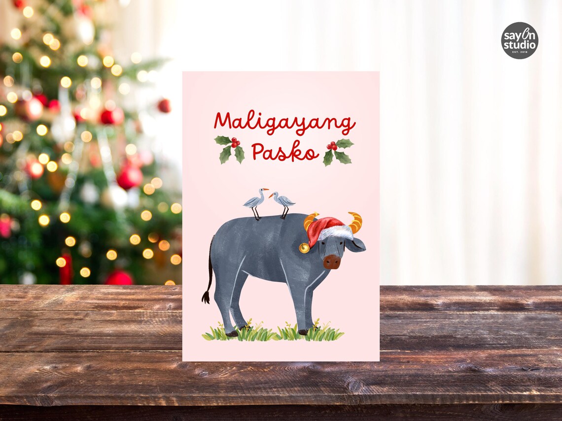 Maayong Pasko Filipino Christmas Card Carabao Santa Hat Holiday Print - Image 3