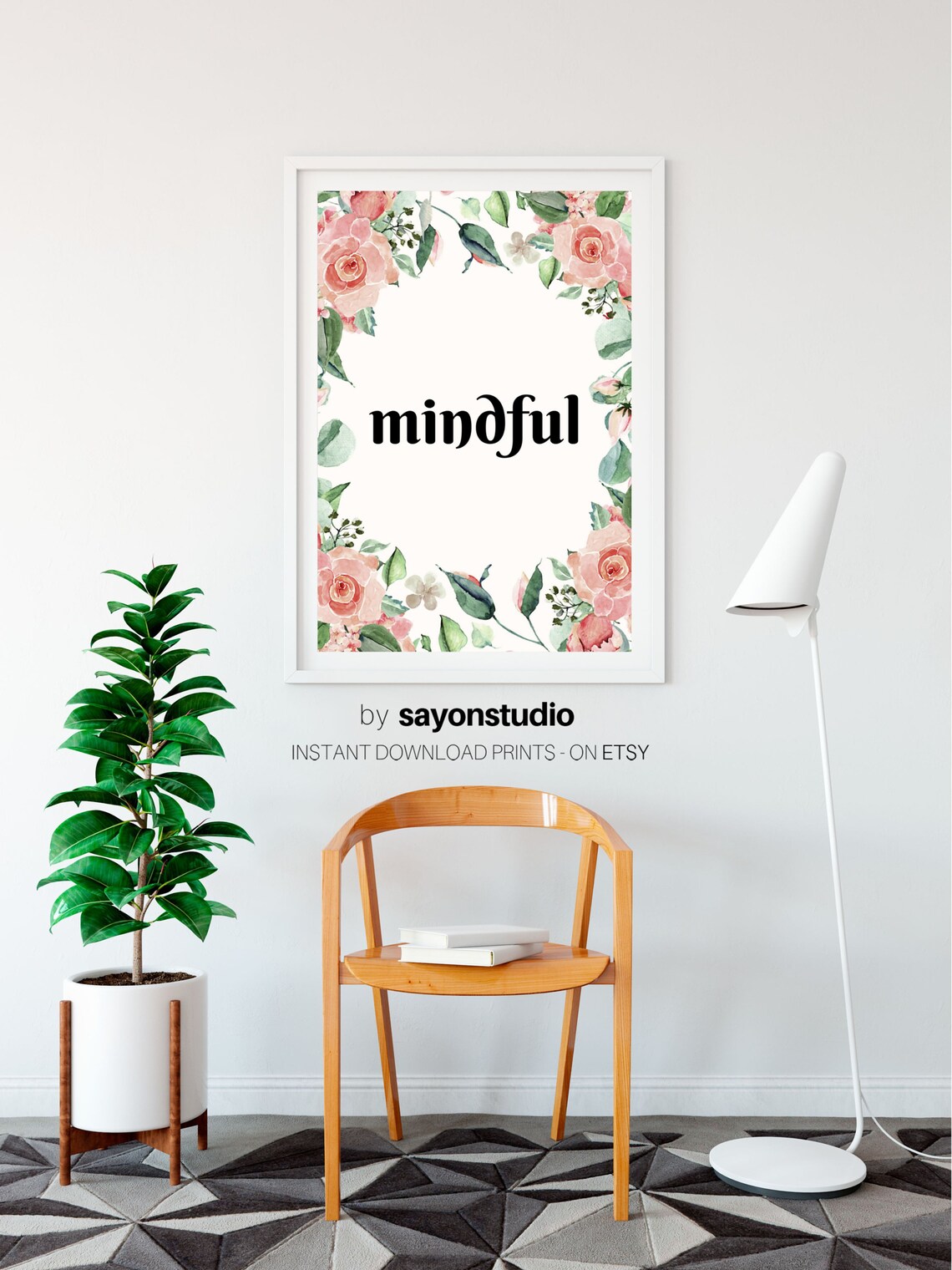 Mindful Watercolor Floral Wreath Pink Roses Botanical Mindfulness Print - Image 3