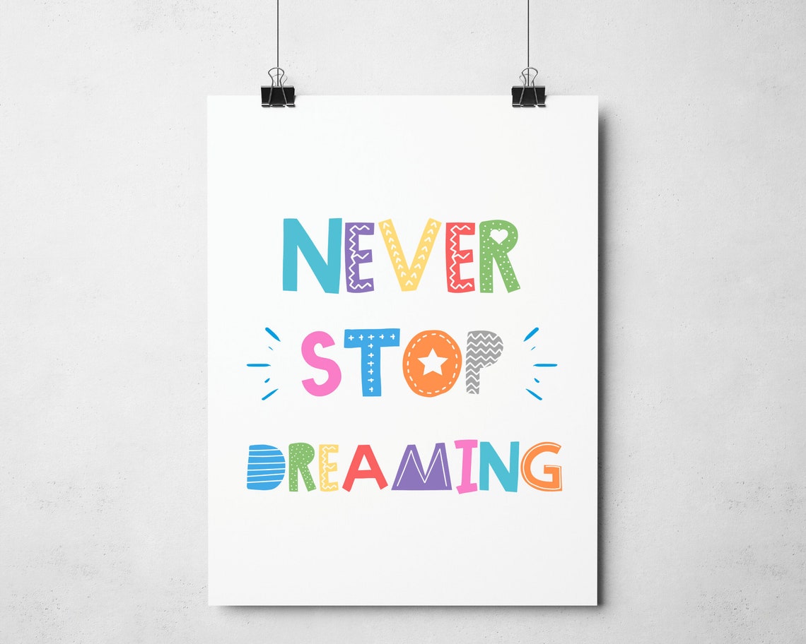 Never Stop Dreaming Rainbow Patterned Hand Lettering Kids Poster - Image 3