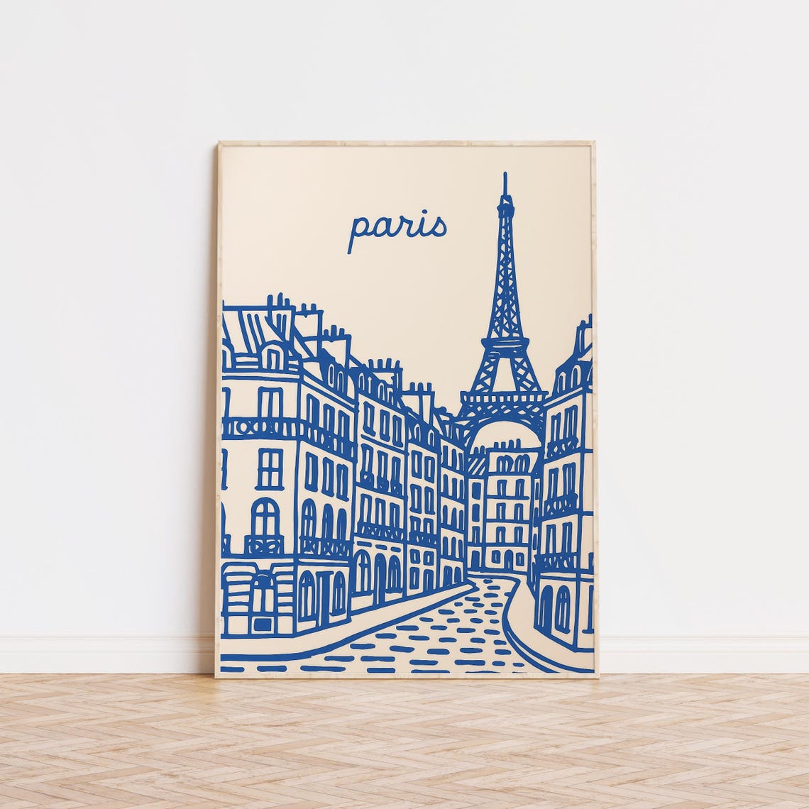 Paris Blue Line Art With Eiffel Tower Street Scene Travel Poster