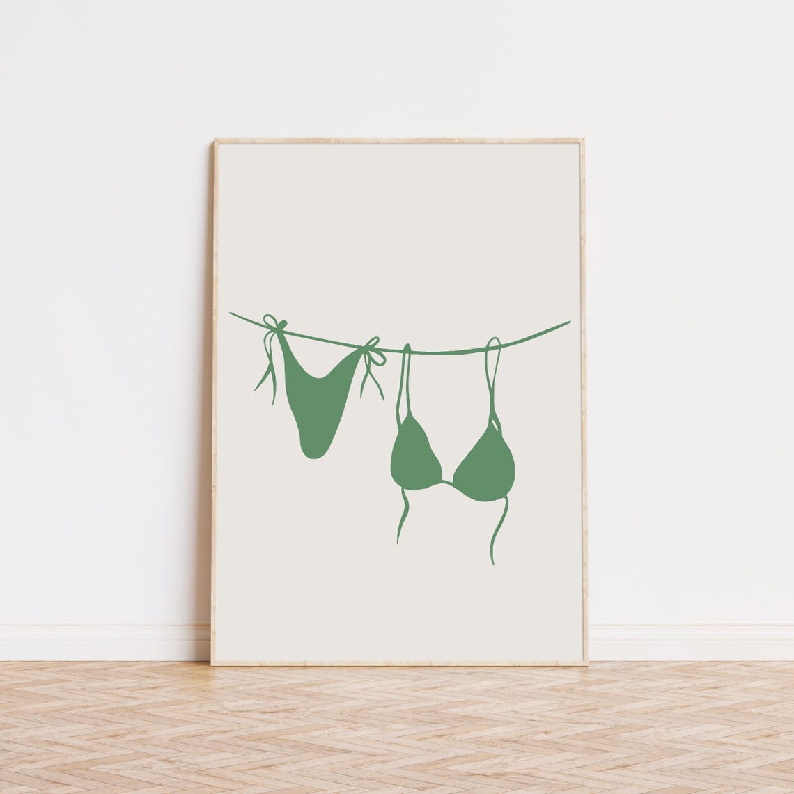 Green Bikini on a Clothesline Minimalist Summer Swim Art Print