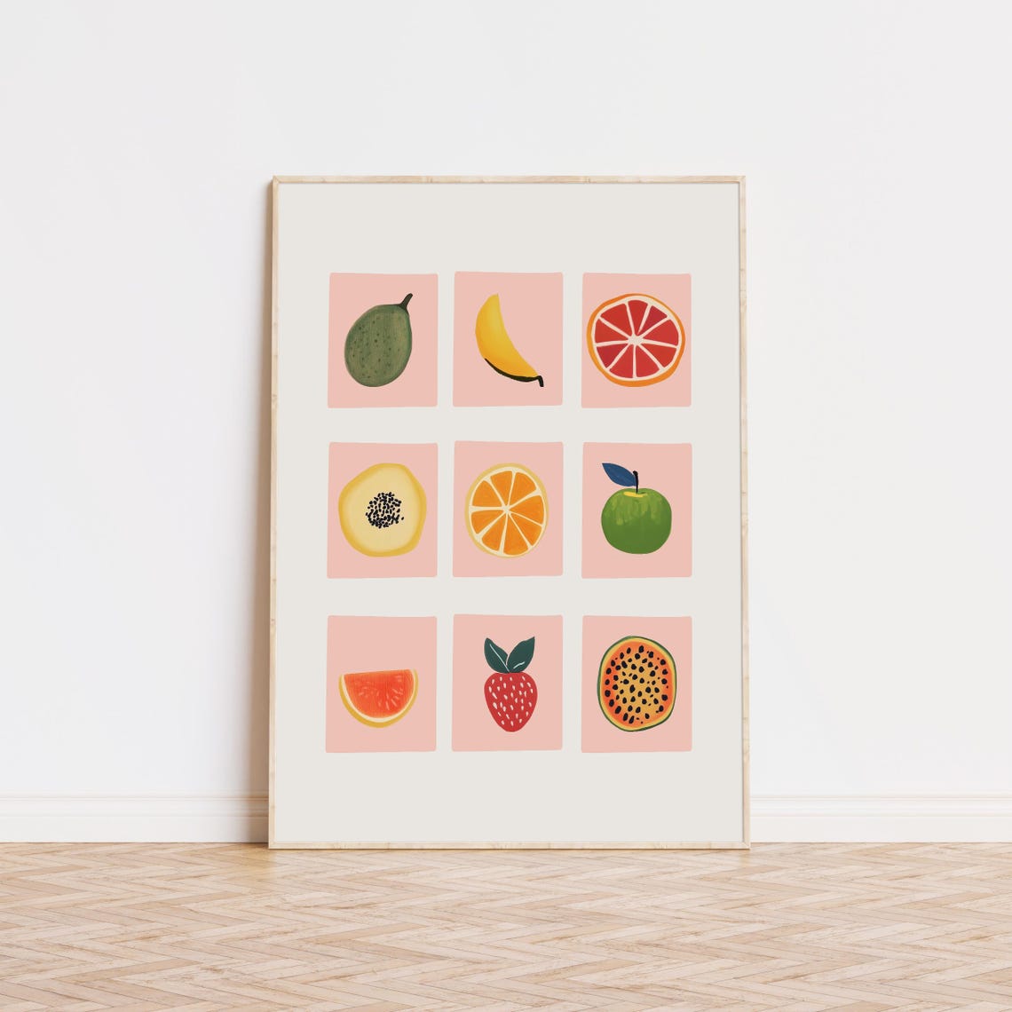 Colorful Fruit Grid Illustration Pink Retro Kitchen Wall Decor Poster
