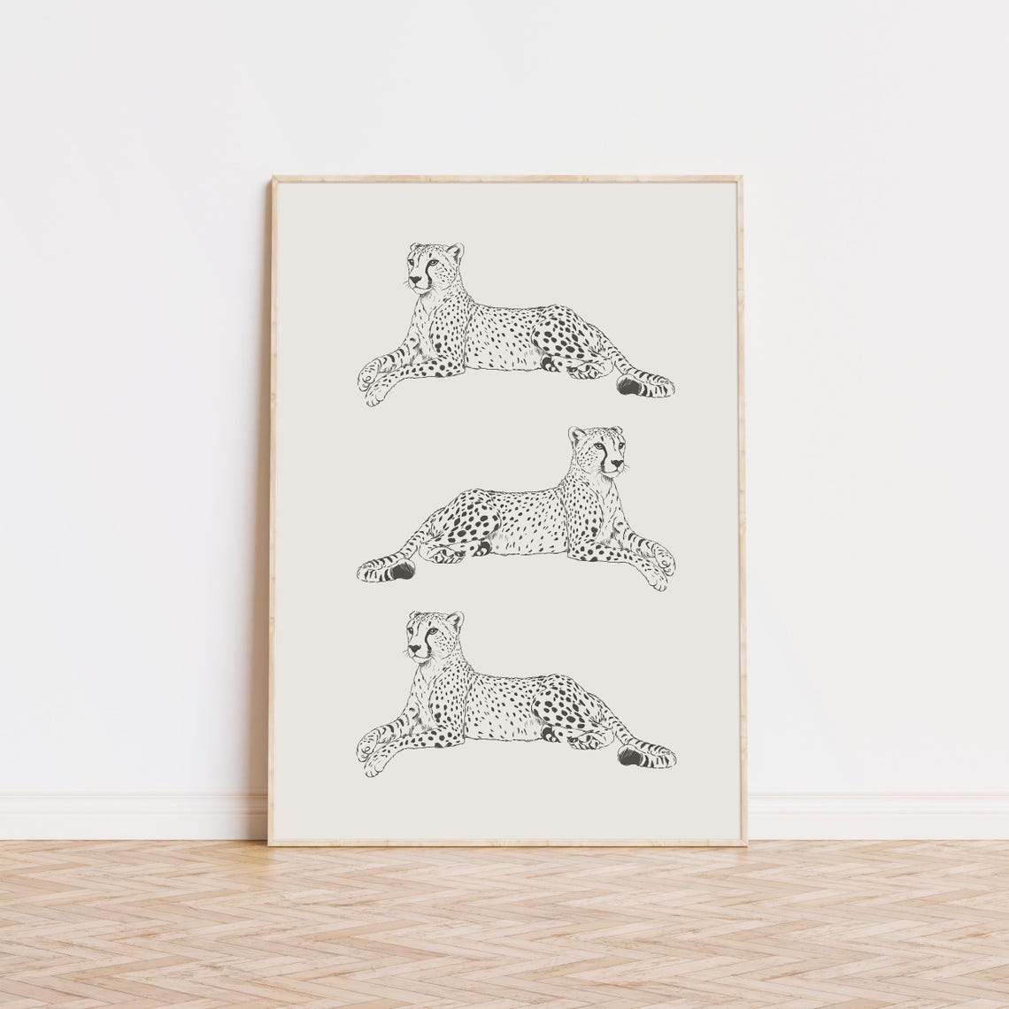 Three Cheetahs Resting Black and White Safari Line Art Poster