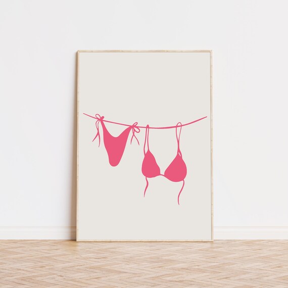Hot Pink Bikini Silhouette Clothesline Minimal Trendy Preppy Art Poster