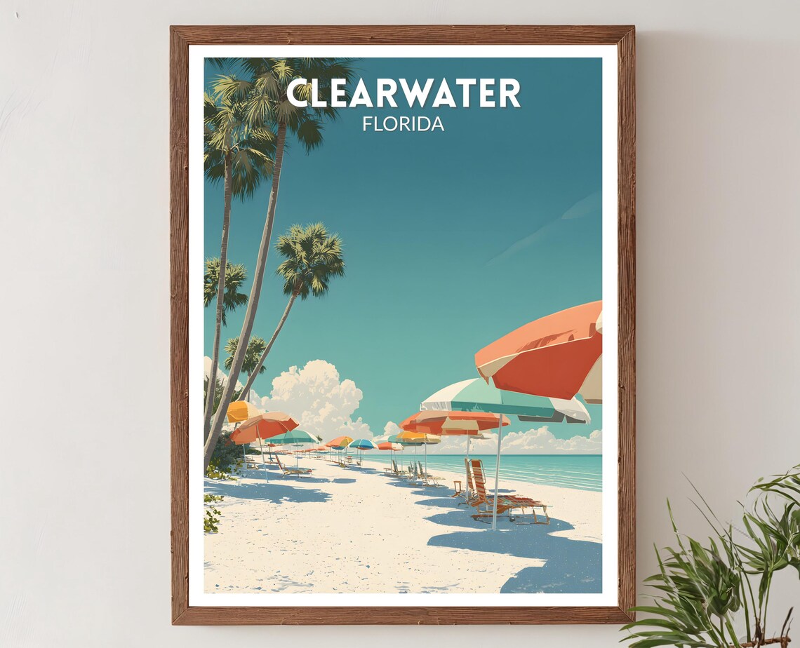 Clearwater Florida Retro Beach Umbrellas Mid Century Travel Print