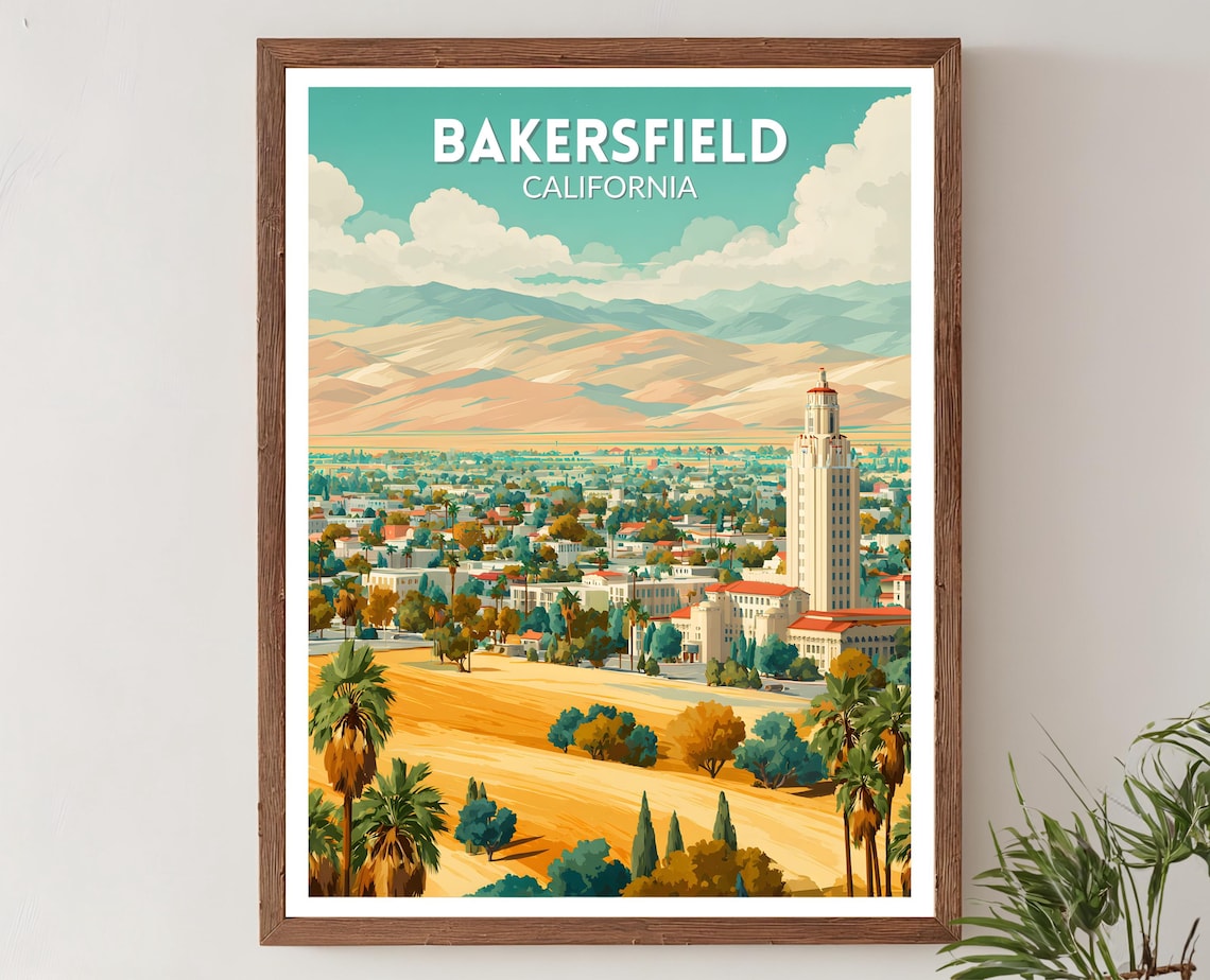 Bakersfield Retro Travel Poster, Mid-Century Cityscape