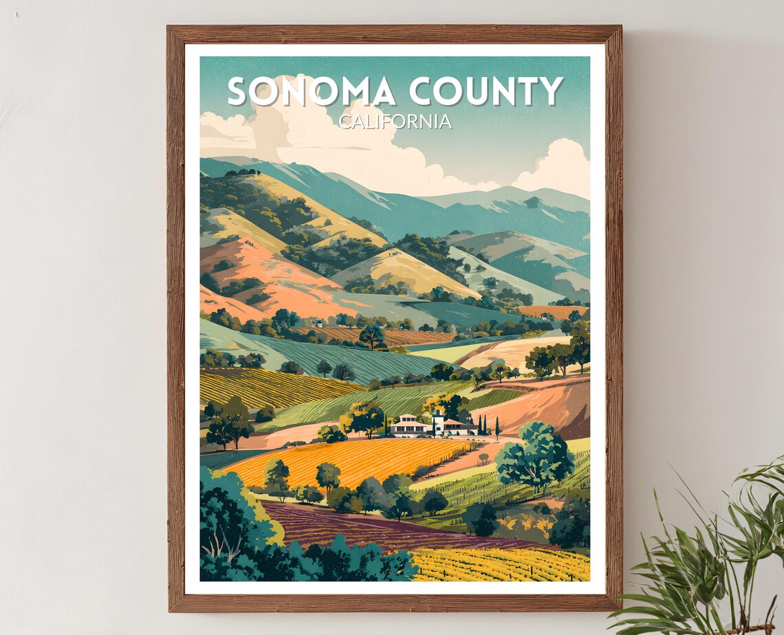 Sonoma County Retro Travel Poster, Vintage Landscape