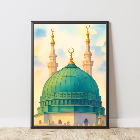 Al Masjid An Nabawi Green Dome Watercolor Medina Mosque Poster