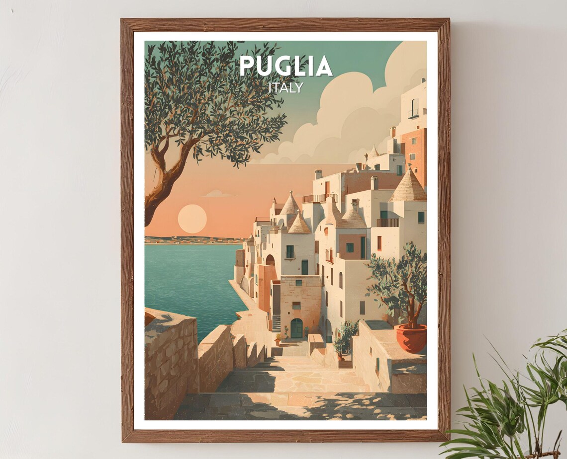 Puglia Italy Coastal Town Trulli Olive Tree Vintage Travel Poster