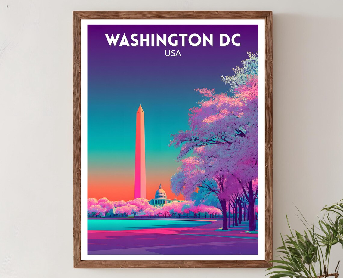 Washington DC USA Vibrant Travel Poster Monument Blossom Sunset