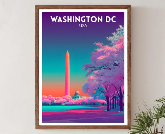 Washington Dc Usa Vibrant Travel Poster Retro Futuristic Wall Art Print Colorful Cityscape Modern Decor