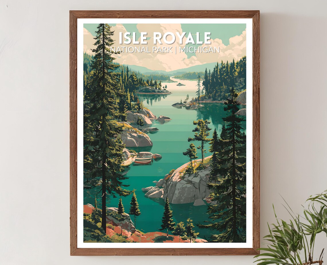 Isle Royale National Park Michigan Retro Forest Lake Travel Poster