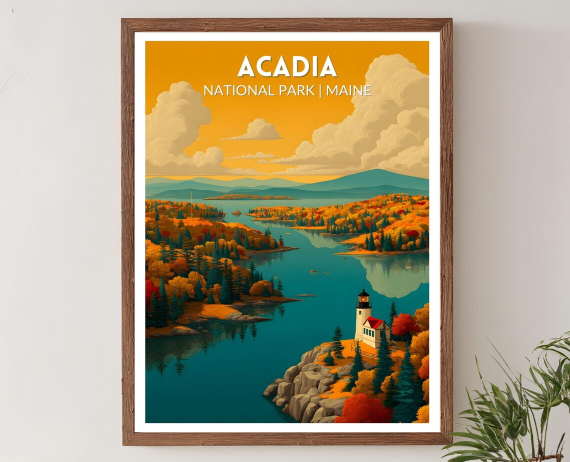 Acadia National Park Maine Vibrant Travel Poster Retro Futuristic Wall Art Print Colorful Fall Foliage Lake Landscape Posteracadia