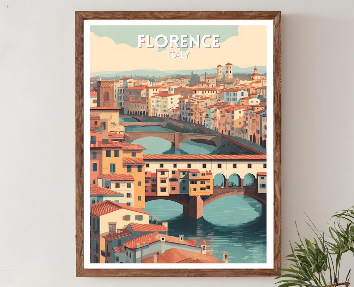 Florence Italy Ponte Vecchio Arno River Retro Vintage Travel Print
