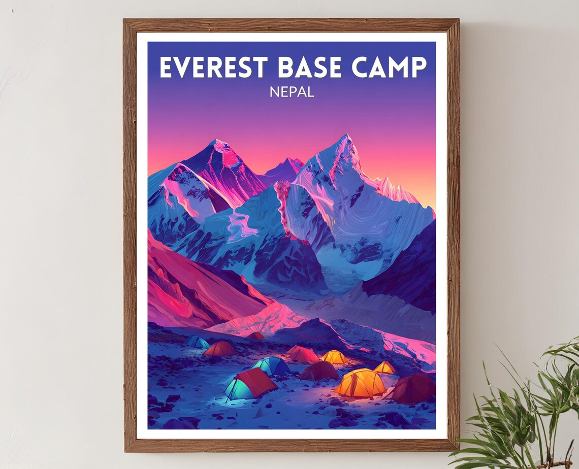 Everest Base Camp Nepal Vibrant Travel Poster Neon Night Tents