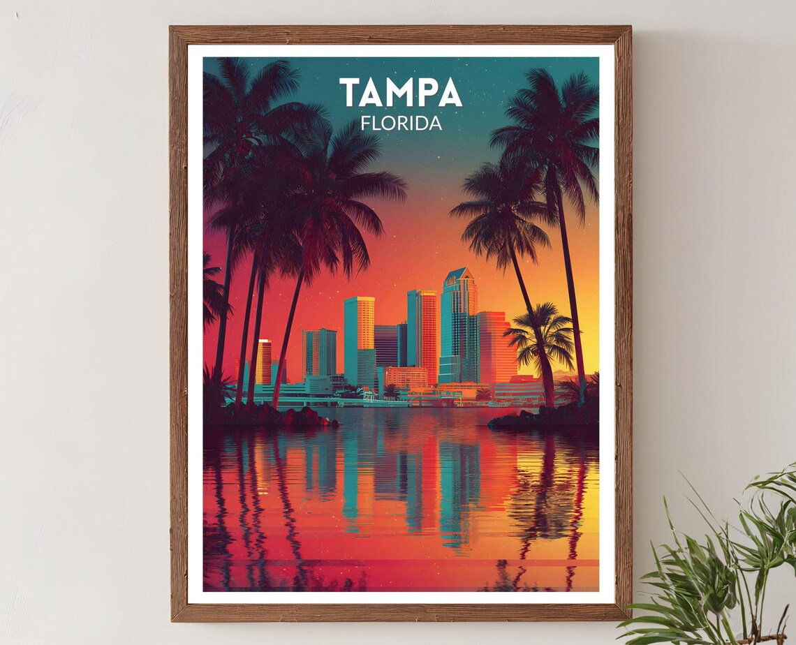 Tampa Florida Sunset Skyline Palm Trees Vibrant Travel Poster