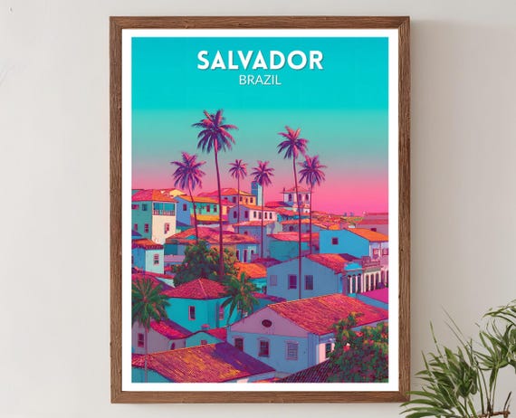 Salvador Brazil Vibrant Travel Poster Retro Futuristic Wall Art Print Colorful Coastal Cityscape Modern Decor
