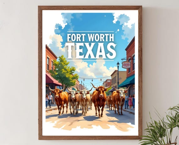 Fort Worth Texas Retro Travel Poster Modern Wall Art Print Vintage Cityscape Decor