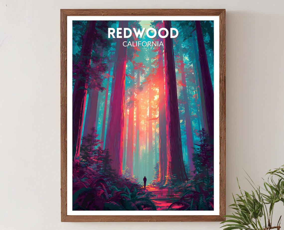 Redwood California Neon Sunset Forest Futuristic Travel Poster