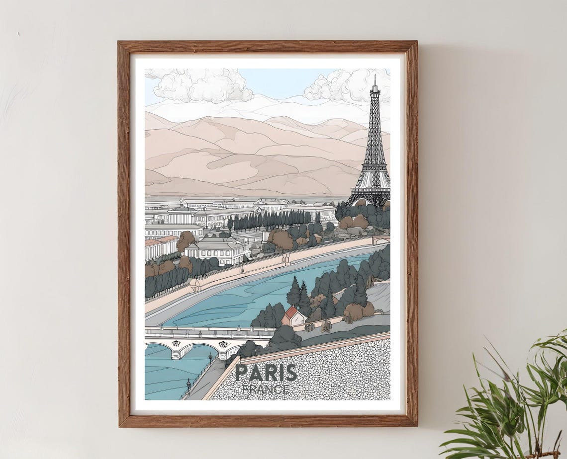 Paris France Minimalist Eiffel Tower Line Art Seine Travel Poster
