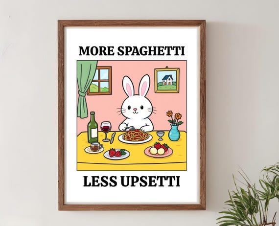 More Spaghetti Less Regretti Rabbit Print Retro Kitchen Poster Funny Pasta Wall Art Italian Food Illustration Quirky Cafe Decor Quote