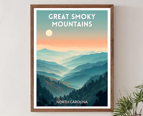Great Smoky Mountains North Carolina Misty Retro Travel Poster