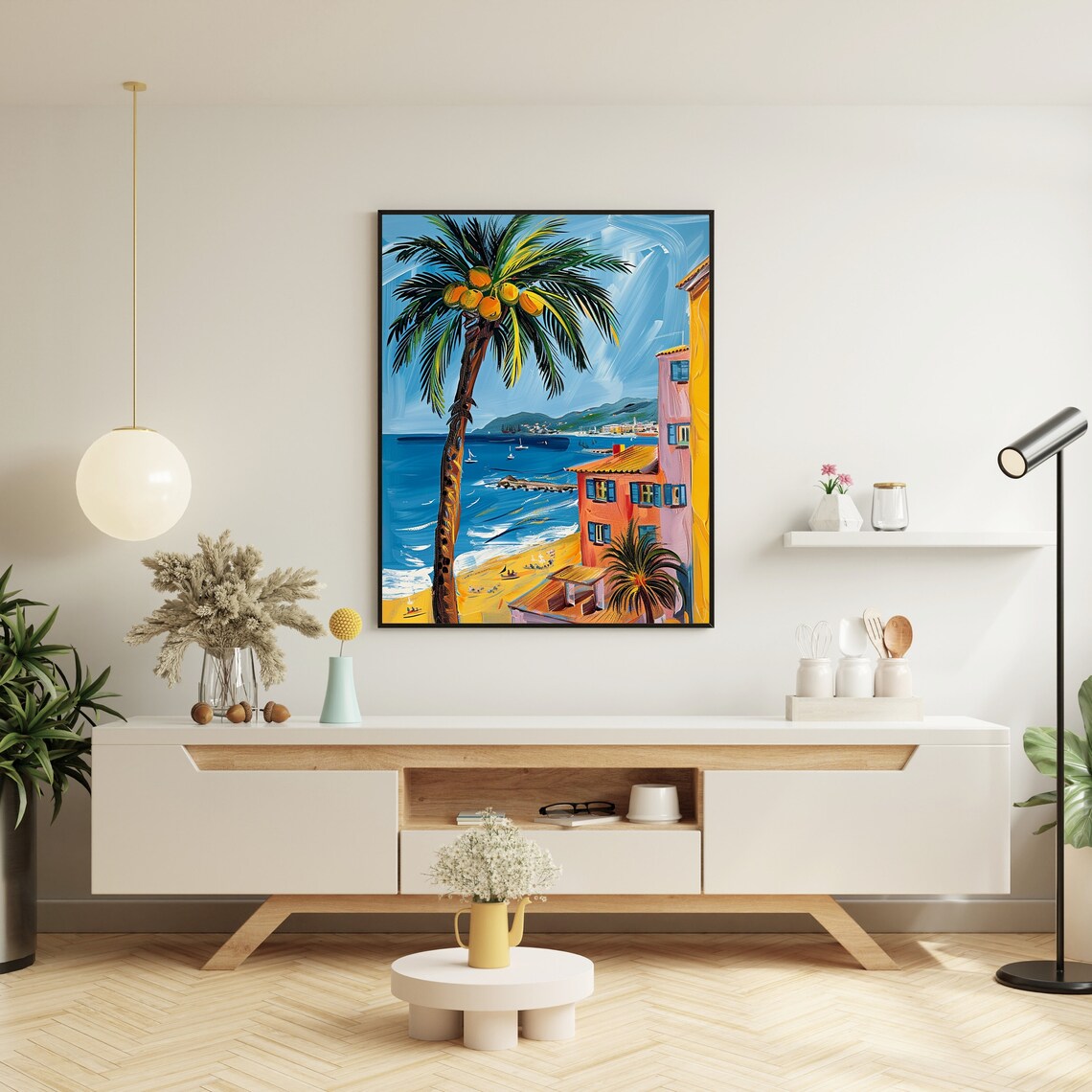 Tall Palm Tree Overlooking a Colorful Beach and Sailboats Poster - Image 7