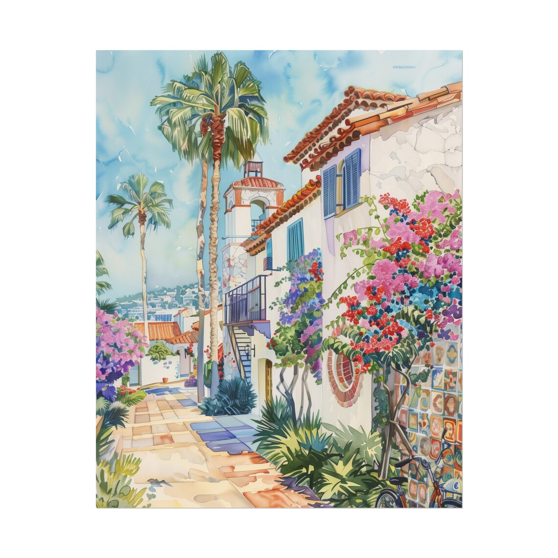 Sunny Mediterranean Alley with Palms, Flowers and Bicycles Poster - Image 4