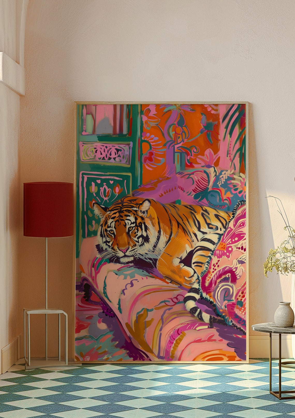 Relaxed Tiger Lounging on a Pink Patterned Armchair Art Poster - Image 8