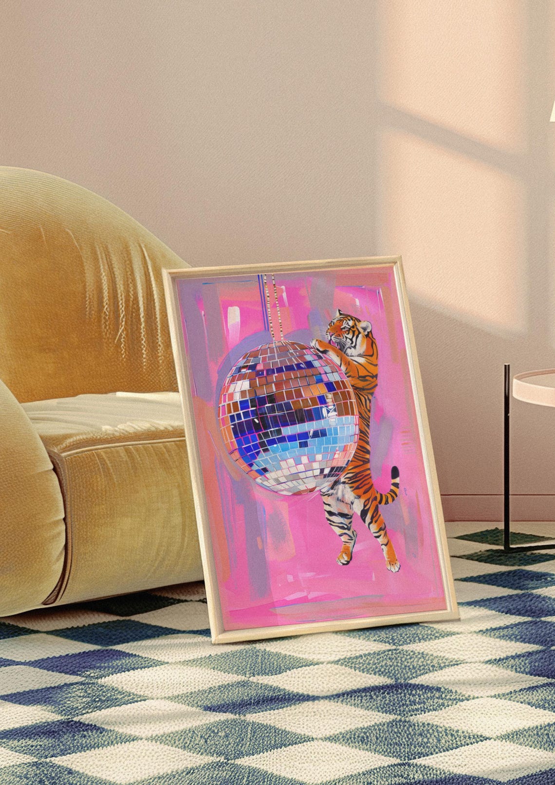 Tiger On Hanging Disco Ball Art Print Vibrant Pink Background Unique Modern Wall Decor Animal And Disco Theme Bold Home Decor - Image 9