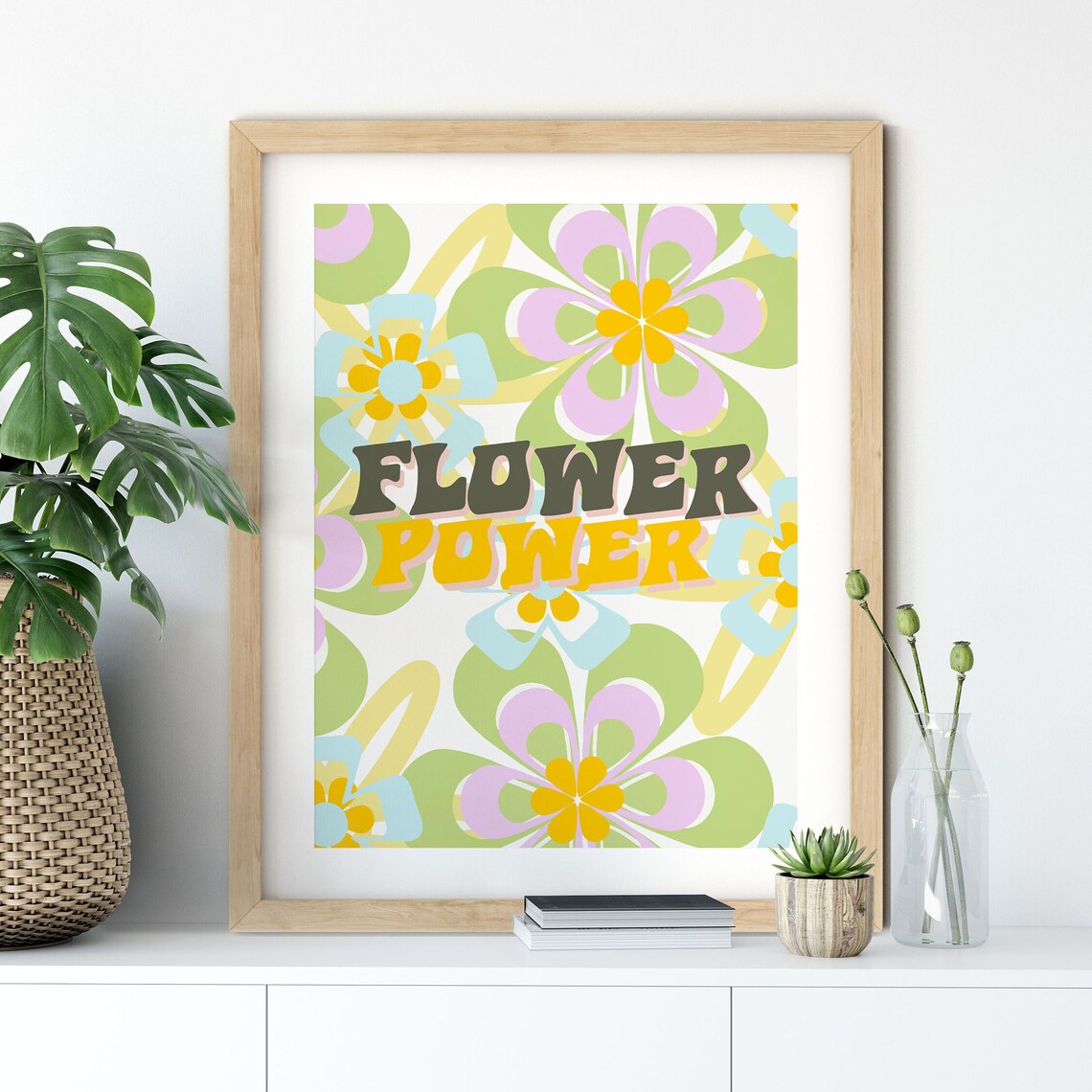 Flower Power Pastel Mint Green Groovy 70s Floral Retro Poster - Image 2